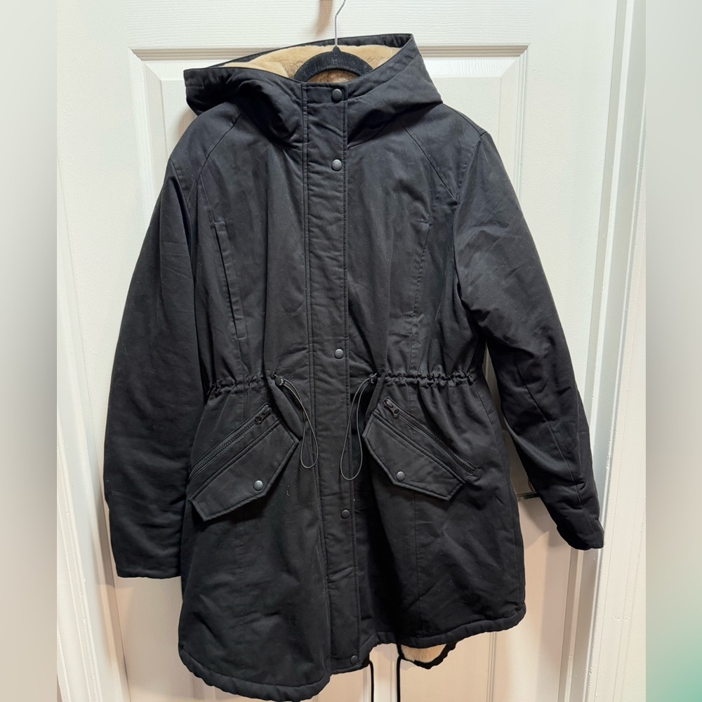 OROLAY Black Utility Jacket with Hood FAUX FURLINED SIZE XL